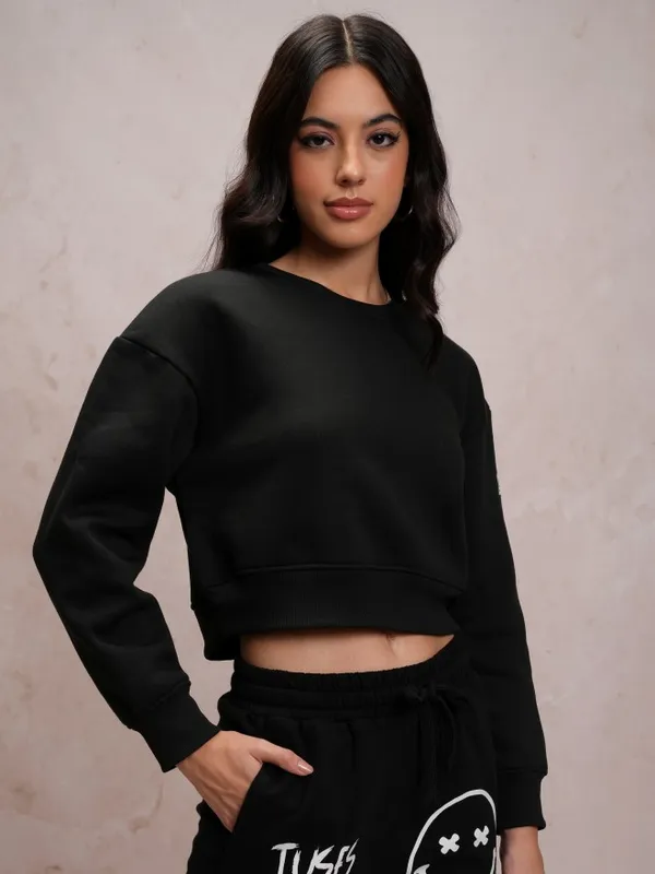  Tokyo Talkies Women Black Solid Pullover Round Neck Sweatshirts