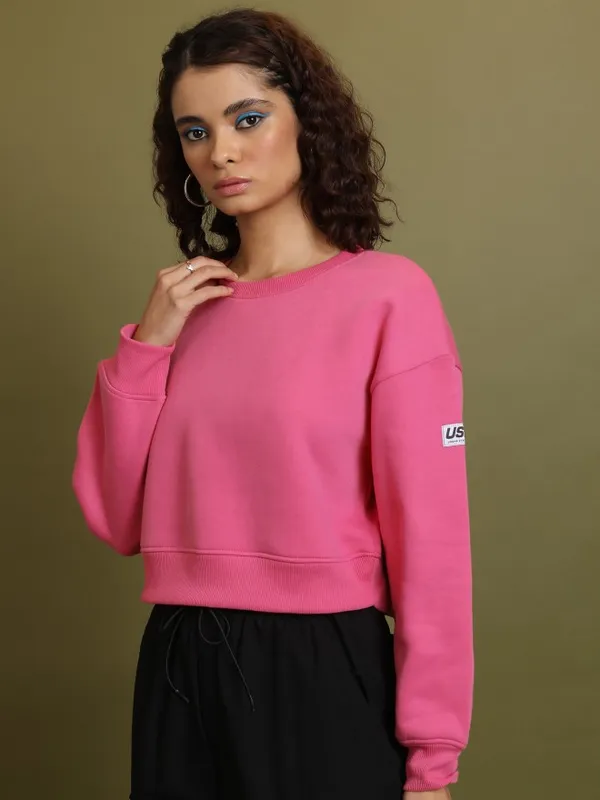  Tokyo Talkies Women Pink Solid Pullover Round Neck Sweatshirts