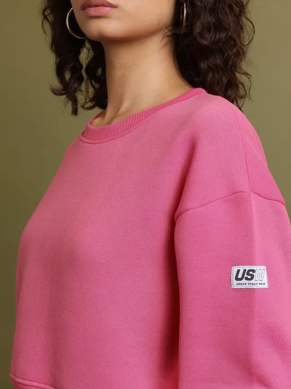  Tokyo Talkies Women Pink Solid Pullover Round Neck Sweatshirts