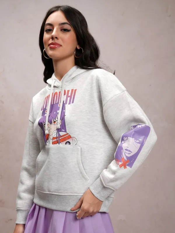 Tokyo Talkies Women White Printed Pullover Hood Sweatshirts
