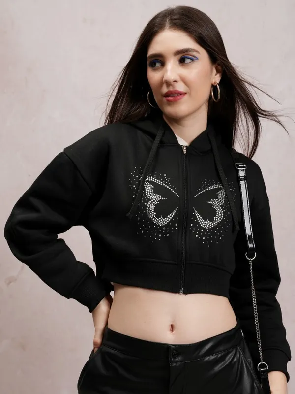  Tokyo Talkies Women Black Self Design Front-Open Hood Sweatshirts