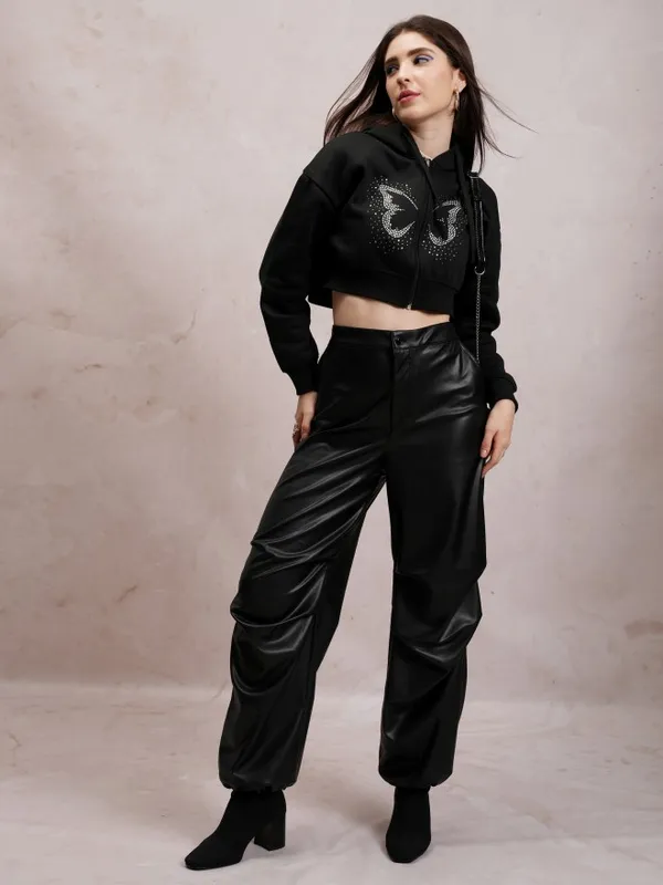  Tokyo Talkies Women Black Self Design Front-Open Hood Sweatshirts