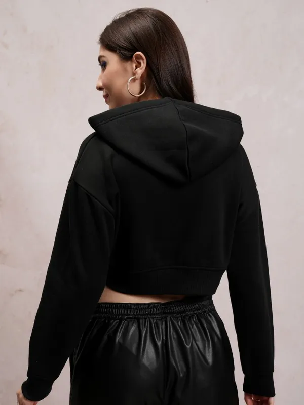  Tokyo Talkies Women Black Self Design Front-Open Hood Sweatshirts