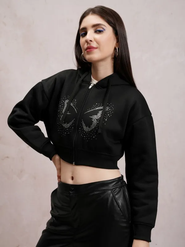  Tokyo Talkies Women Black Self Design Front-Open Hood Sweatshirts