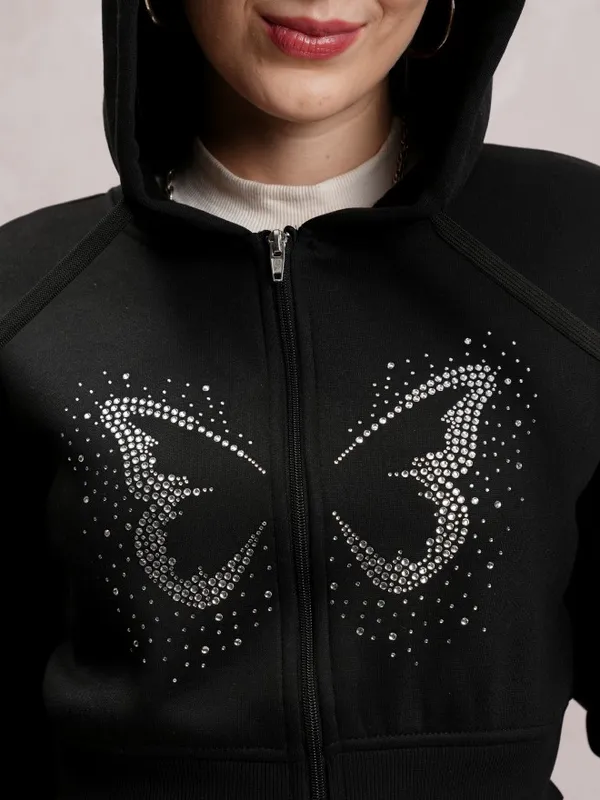  Tokyo Talkies Women Black Self Design Front-Open Hood Sweatshirts