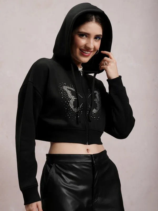  Tokyo Talkies Women Black Self Design Front-Open Hood Sweatshirts