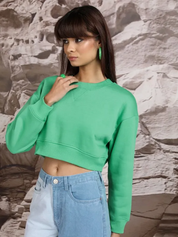  Tokyo Talkies Women Green Solid Pullover High Neck Sweatshirts