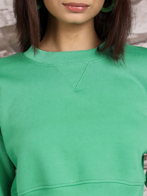  Tokyo Talkies Women Green Solid Pullover High Neck Sweatshirts