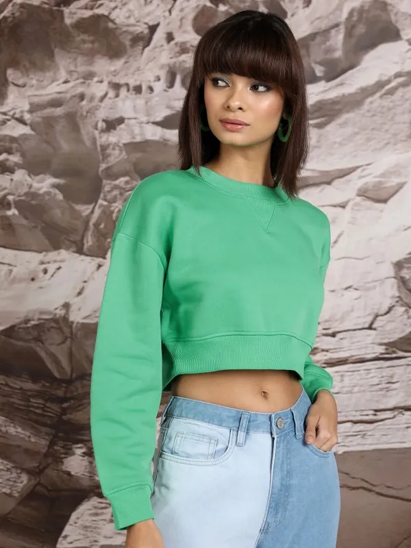  Tokyo Talkies Women Green Solid Pullover High Neck Sweatshirts
