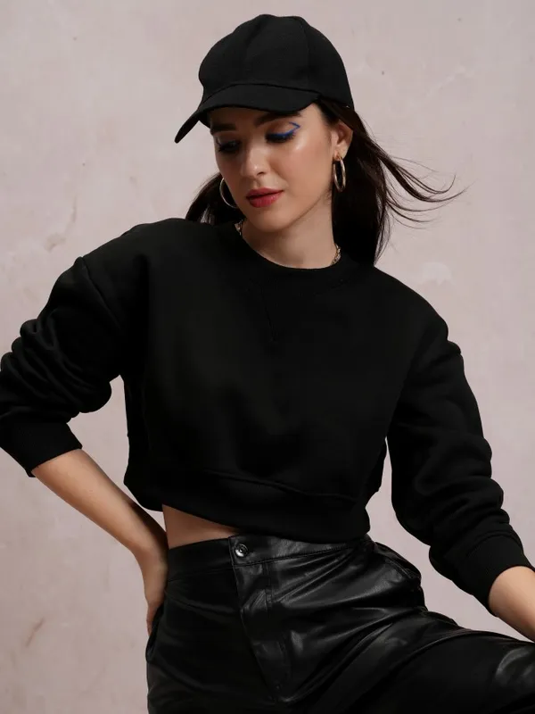  Tokyo Talkies Women Black Solid Pullover High Neck Sweatshirts