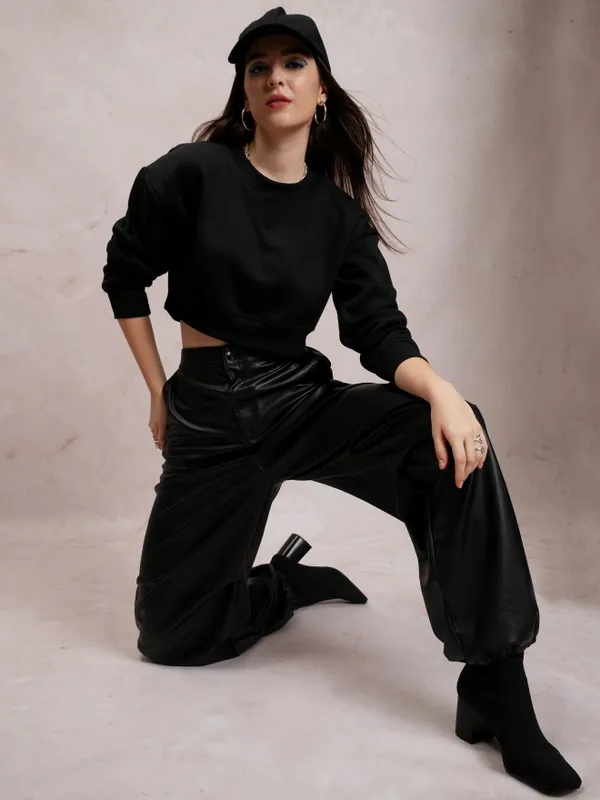  Tokyo Talkies Women Black Solid Pullover High Neck Sweatshirts