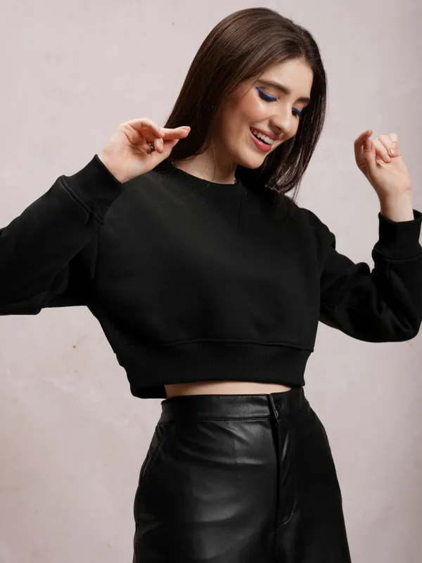  Tokyo Talkies Women Black Solid Pullover High Neck Sweatshirts