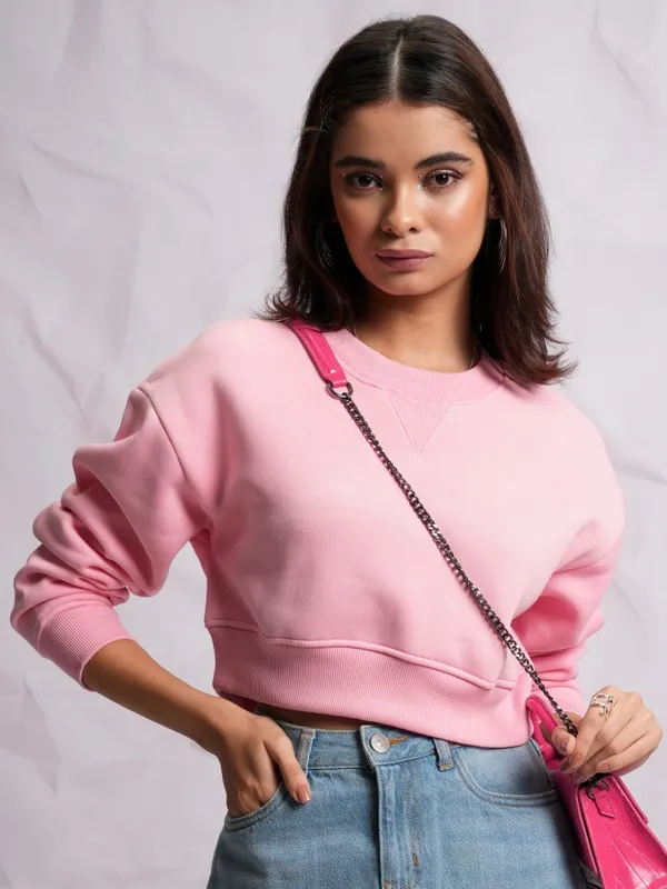  Tokyo Talkies Women Pink Solid Pullover High Neck Sweatshirts