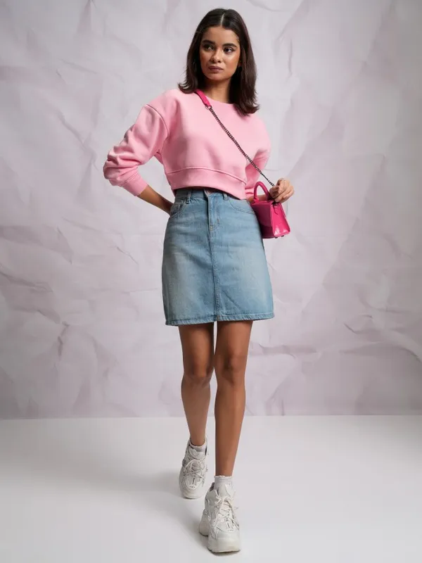  Tokyo Talkies Women Pink Solid Pullover High Neck Sweatshirts