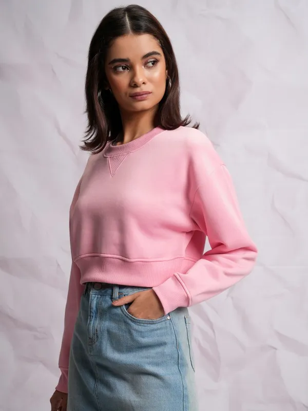  Tokyo Talkies Women Pink Solid Pullover High Neck Sweatshirts