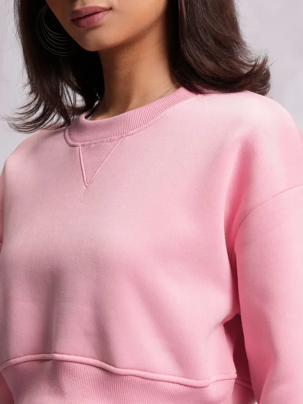  Tokyo Talkies Women Pink Solid Pullover High Neck Sweatshirts