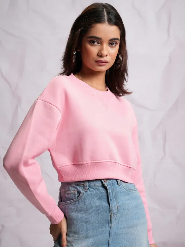  Tokyo Talkies Women Pink Solid Pullover High Neck Sweatshirts
