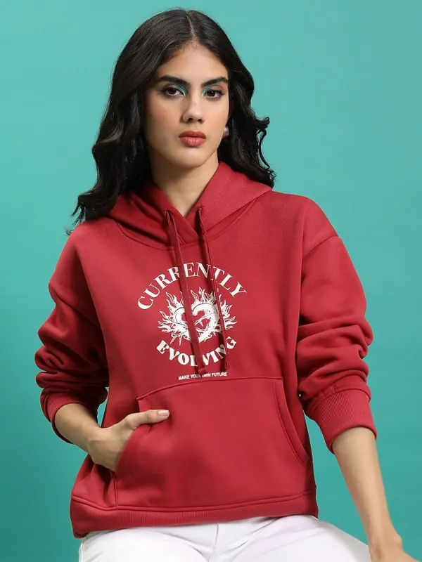 Tokyo Talkies Women Red Printed Pullover Hood Sweatshirt