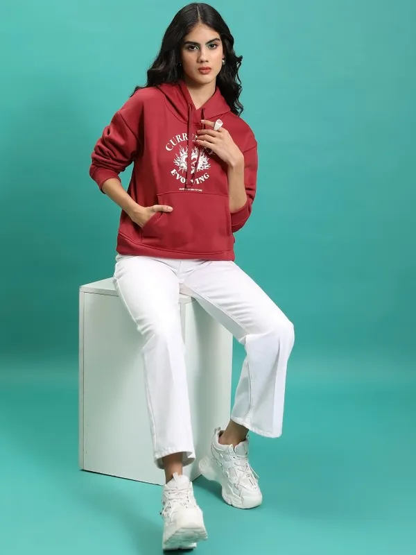 Tokyo Talkies Women Red Printed Pullover Hood Sweatshirt