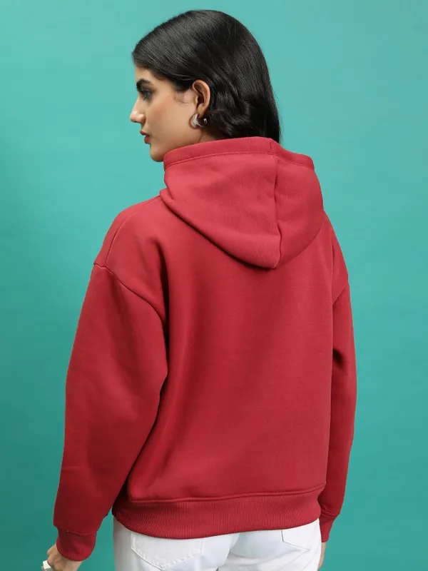 Tokyo Talkies Women Red Printed Pullover Hood Sweatshirt