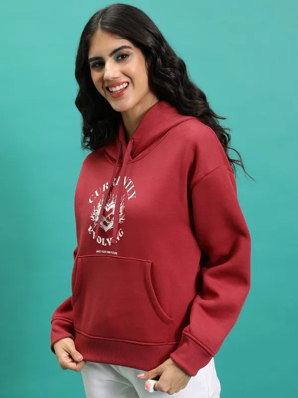 Tokyo Talkies Women Red Printed Pullover Hood Sweatshirt