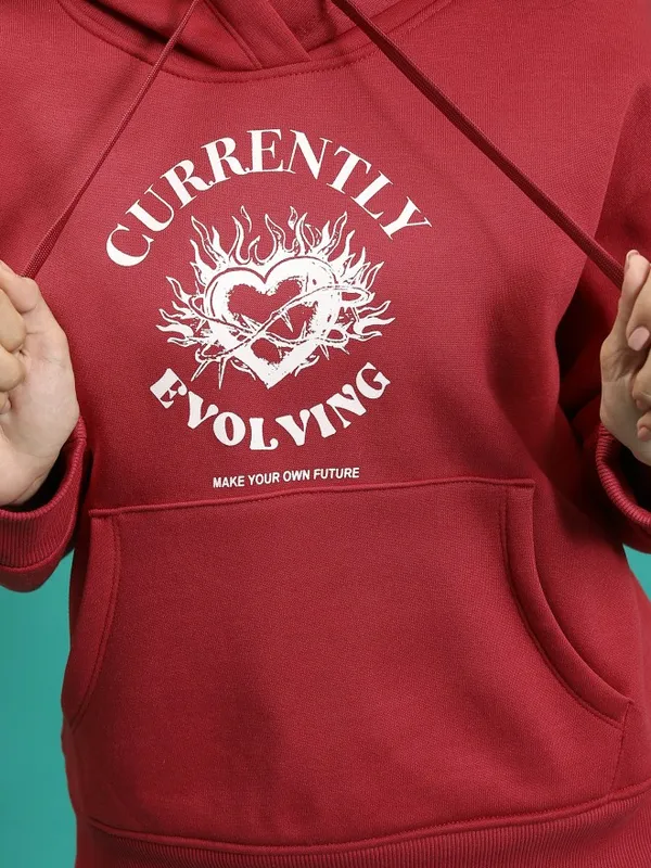 Tokyo Talkies Women Red Printed Pullover Hood Sweatshirt