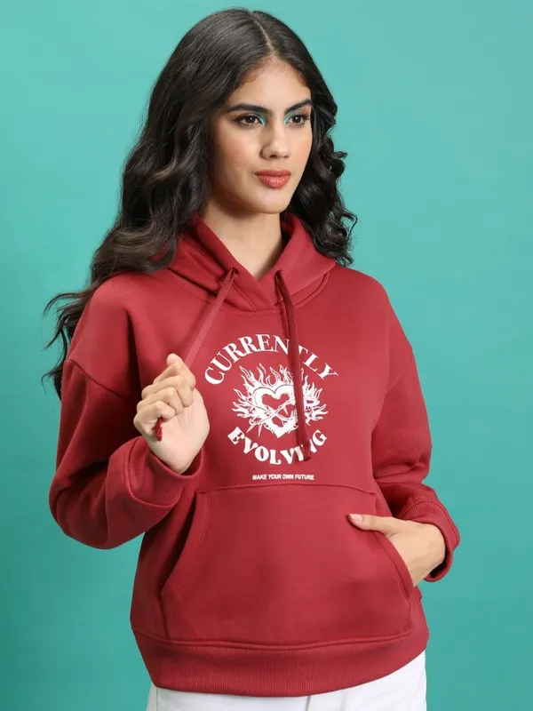 Tokyo Talkies Women Red Printed Pullover Hood Sweatshirt