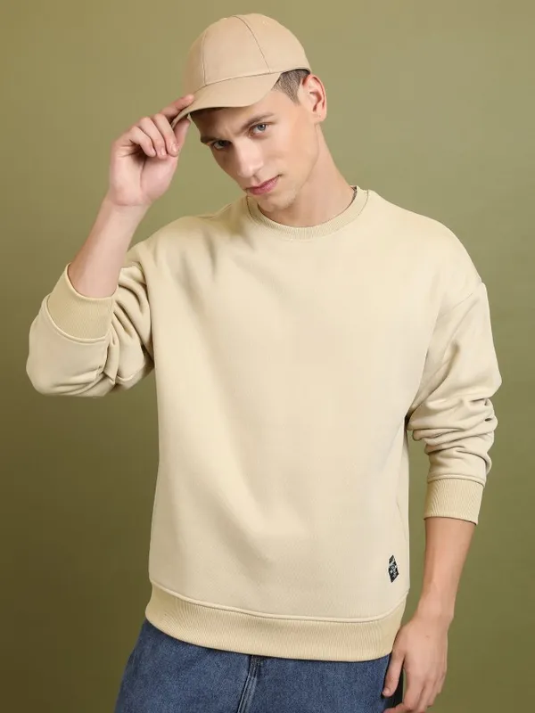  Highlander Men Beige Round Neck Pullover Sweatshirts