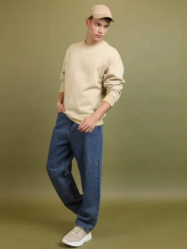  Highlander Men Beige Round Neck Pullover Sweatshirts