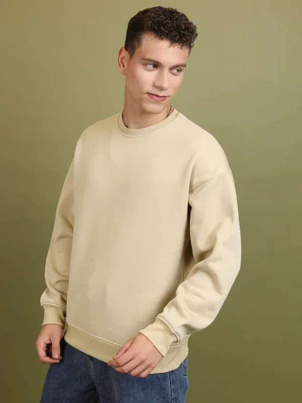 Highlander Men Beige Round Neck Pullover Sweatshirts