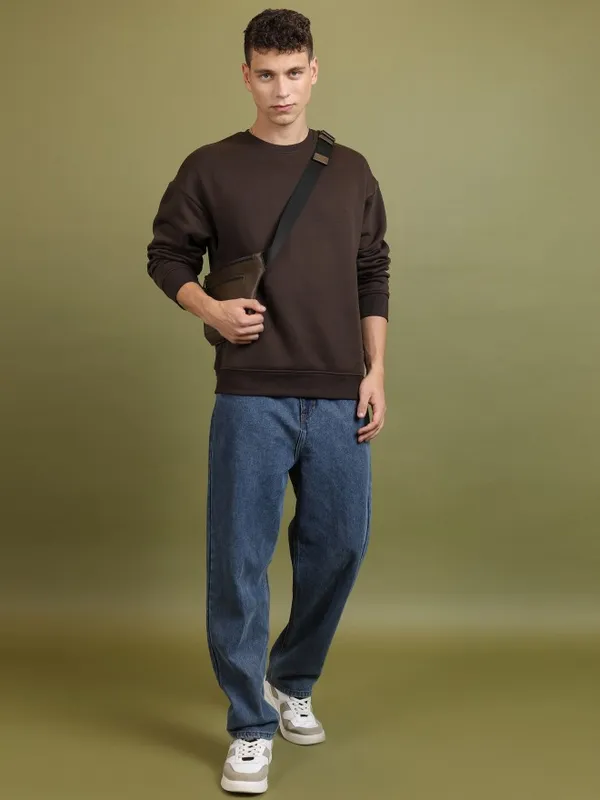  Highlander Men Brown Round Neck Pullover Sweatshirts