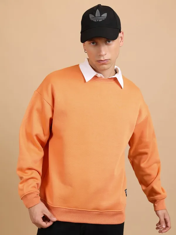  Highlander Men Orange Round Neck Pullover Sweatshirts