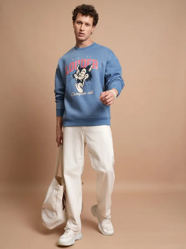 Highlander Men Blue Round Neck Pullover Sweatshirt