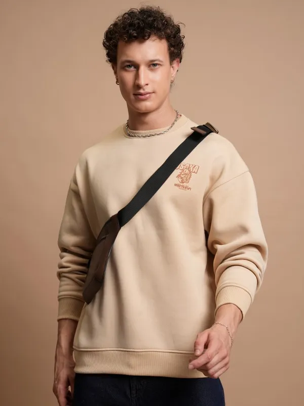  Highlander Men Beige Round Neck Pullover Sweatshirts