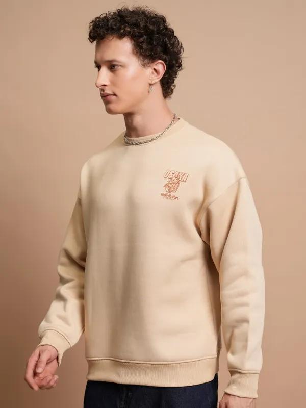  Highlander Men Beige Round Neck Pullover Sweatshirts