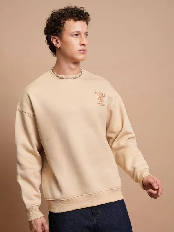  Highlander Men Beige Round Neck Pullover Sweatshirts