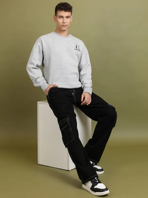  Ketch Men Grey Round Neck Pullover Sweatshirts