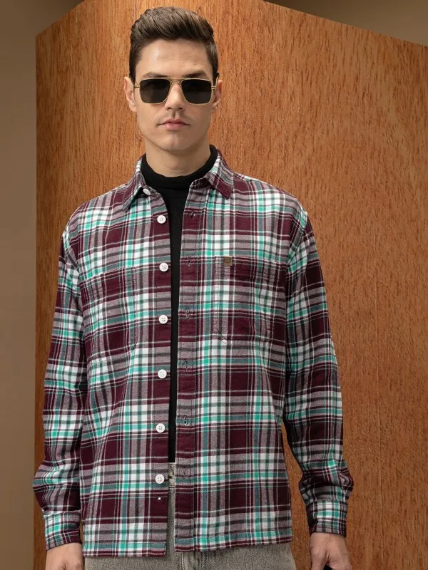  Locomotive Men Burgundy Checked Oversized Fit Casual Shirts