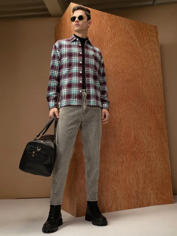  Locomotive Men Burgundy Checked Oversized Fit Casual Shirts