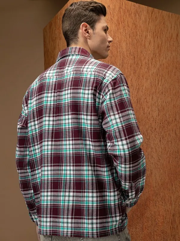  Locomotive Men Burgundy Checked Oversized Fit Casual Shirts