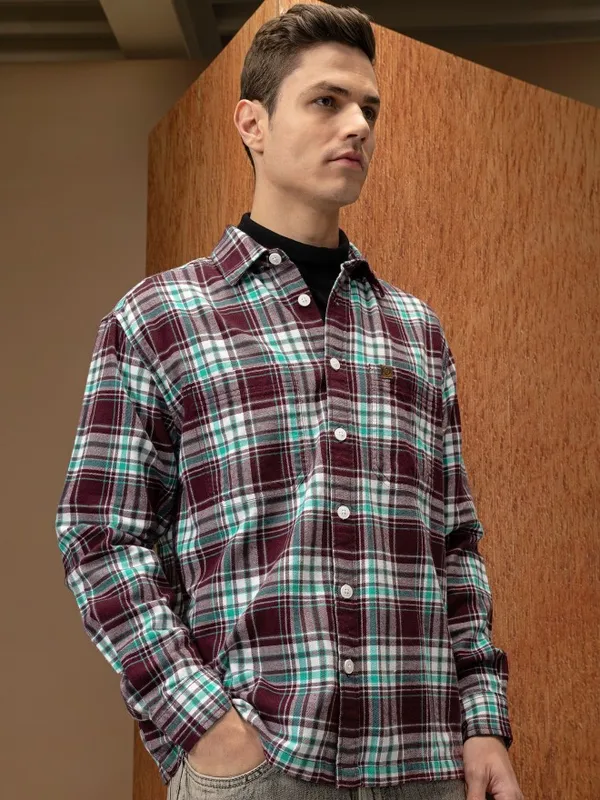  Locomotive Men Burgundy Checked Oversized Fit Casual Shirts