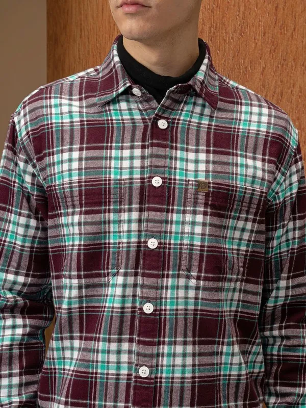  Locomotive Men Burgundy Checked Oversized Fit Casual Shirts