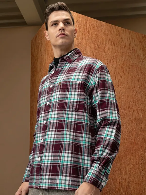  Locomotive Men Burgundy Checked Oversized Fit Casual Shirts