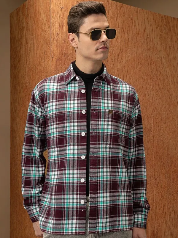  Locomotive Men Burgundy Checked Oversized Fit Casual Shirts