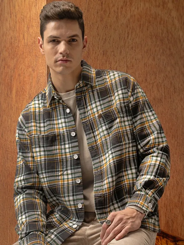  Locomotive Men Olive Checked Oversized Fit Casual Shirts