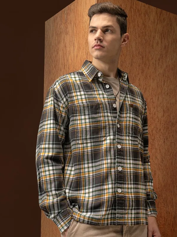  Locomotive Men Olive Checked Oversized Fit Casual Shirts