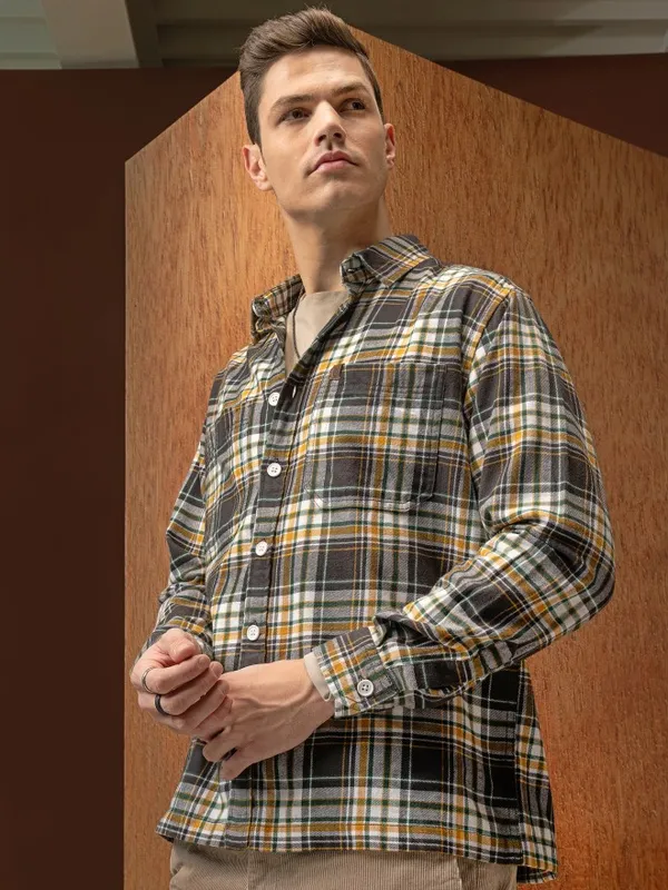  Locomotive Men Olive Checked Oversized Fit Casual Shirts