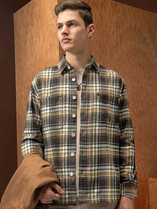  Locomotive Men Olive Checked Oversized Fit Casual Shirts