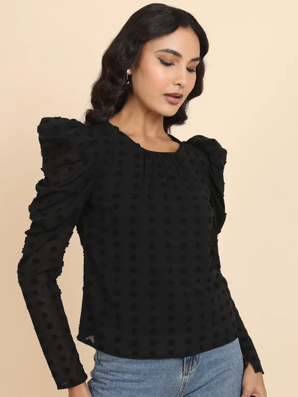 Tokyo Talkies Women Black Self Design Regular Top
