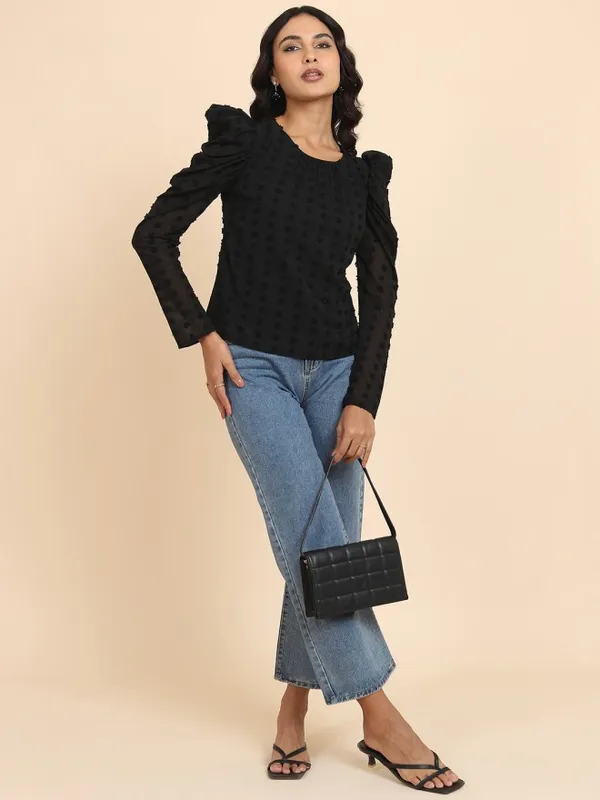 Tokyo Talkies Women Black Self Design Regular Top